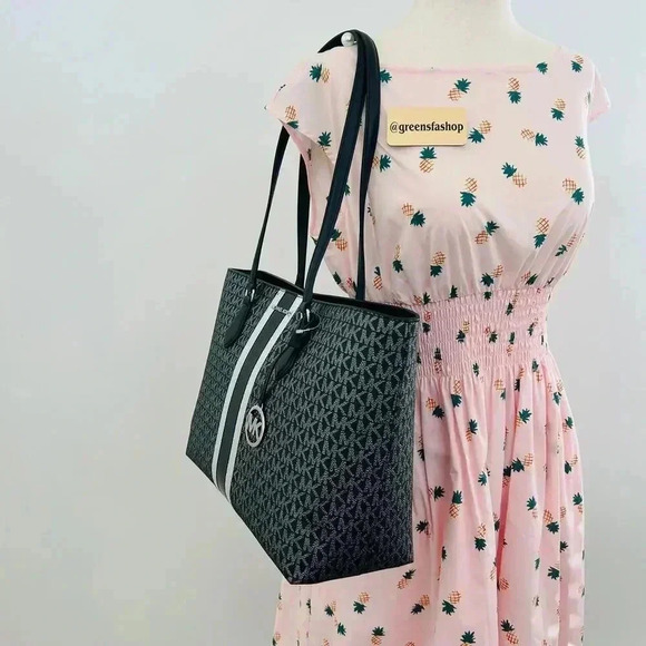 Michael Kors Sheila Large Signature Logo and Metallic Tote Bag Black - Picture 9 of 10